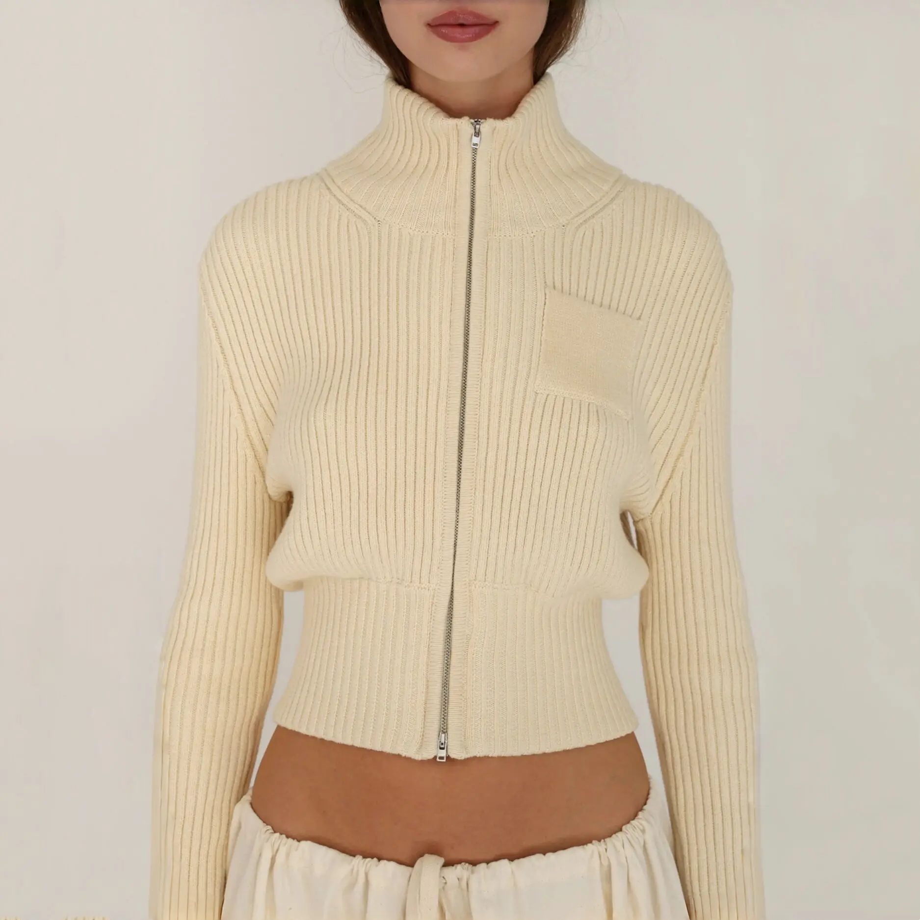 

Apprabant женская вязаная куртка с двойной молнией и воротником-стойкой, облегающая однотонная повседневная уличная одежда с длинными рукавами и расклешенными рукавами