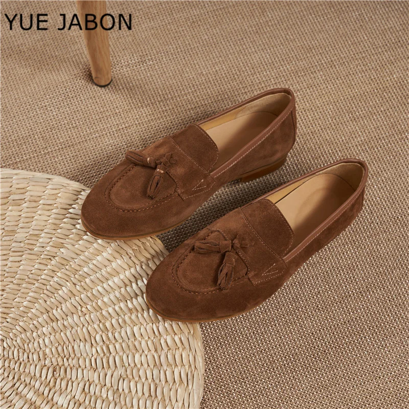 New Brown Men Tassels Loafers Walk Cow Suede Moccasins Flats Casual Driving Shoes for Men Genuine Leather Designer Male Footwear
