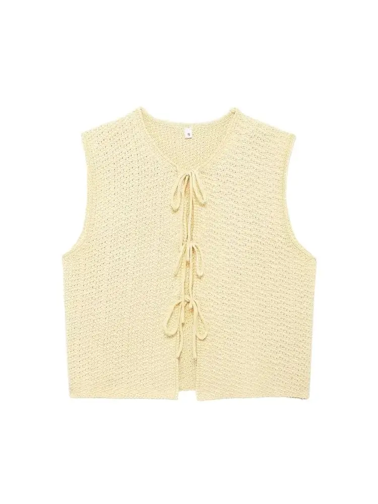 Damska dzianinowa kamizelka z wiązaniem, dekolt okrągły, sweter bez rękawów, damska kamizelka, eleganckie topy, moda