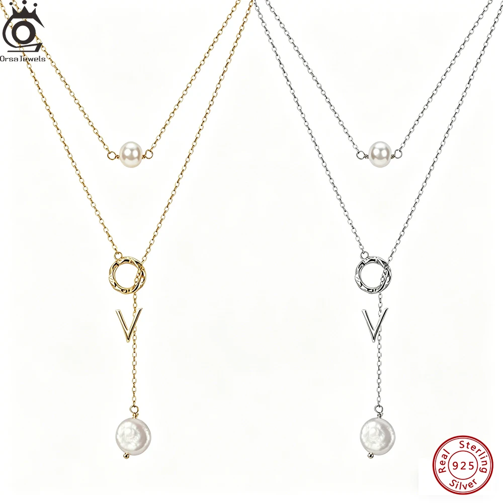 

ORSA JEWELS 925 Sterling Silver Sexy Layered Necklace for Women with Natural Pearl Pendant Summer Jewelry Accessory BQN30