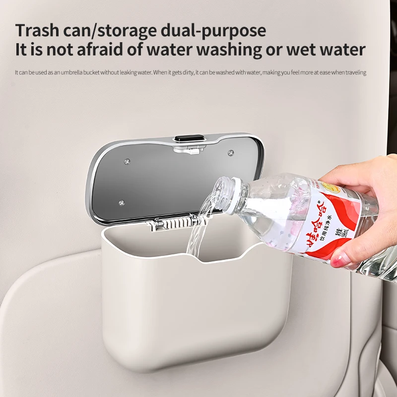 Multifunctional Car Trash Can with Lid Button, Hanging Storage Bin for Wet and Dry Use, Auto Interior Accessories, Organizer Box