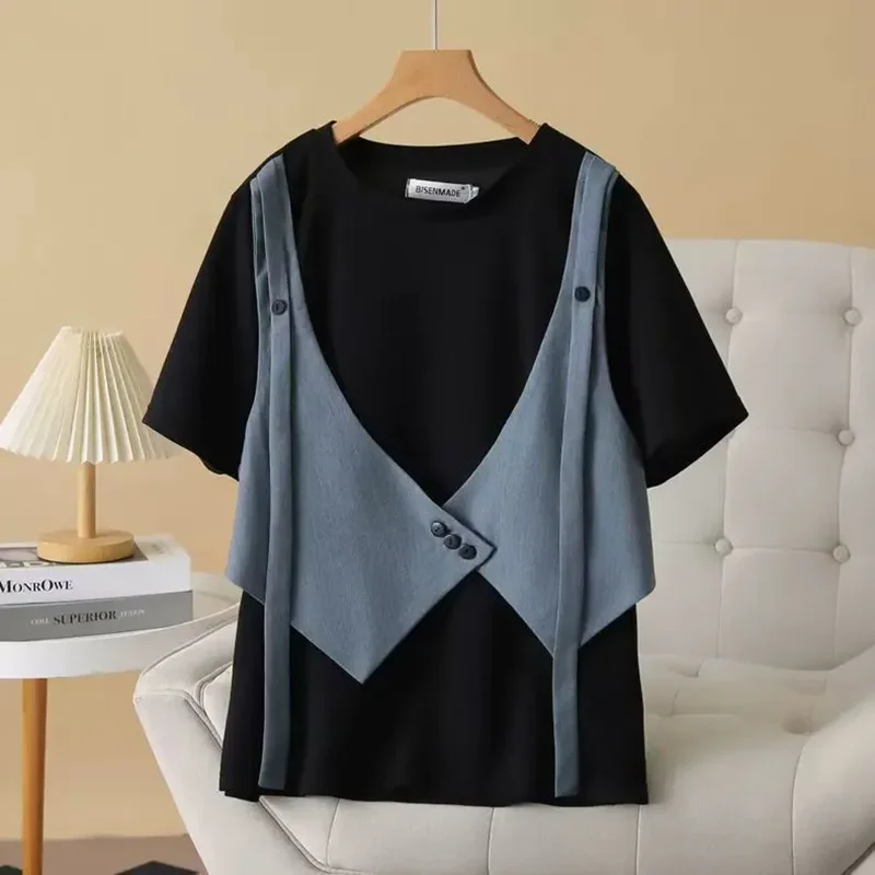 Fashion Fake Two Piece T Shirt Womens Niche Design Sense T-shirt Loose Casual Stitching Vest Button Short Sleeve Tshirt