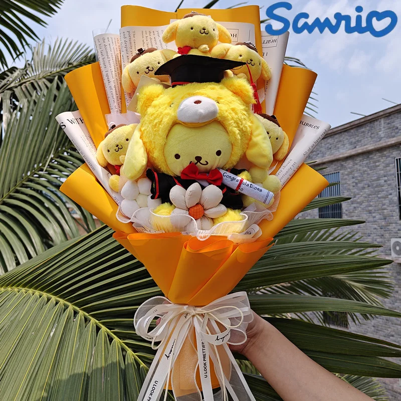 Anime Sanrio Pom Pom Purin Plush Bouquet Kawayi Purin With Graduation Hats Creative Cute Handmade Girls Valentine's Day Gift