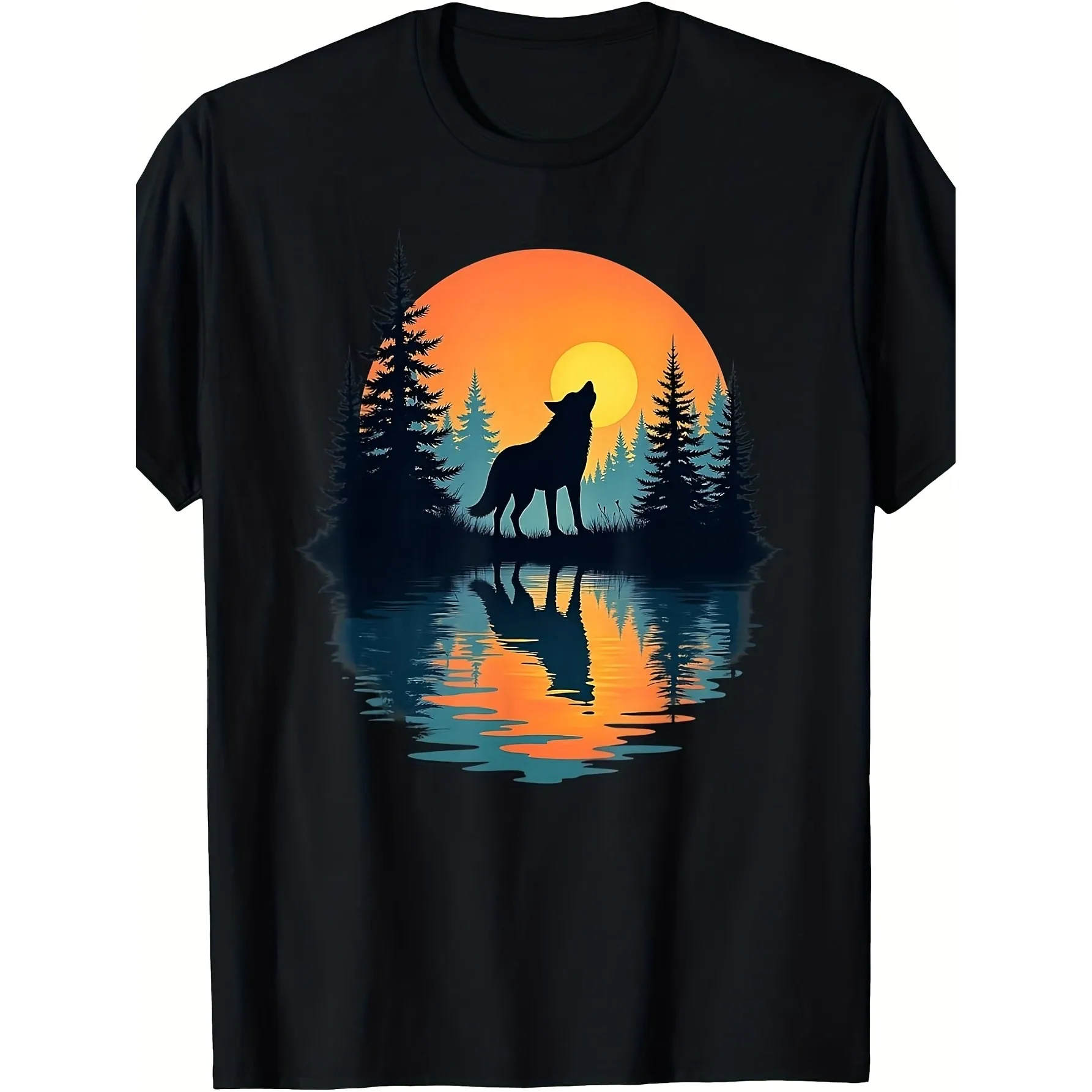 Howling Wolf Sunset Forest Graphic Tee Breathable Crew Neck T-Shirt Unisex Nature Lover Casual Wear