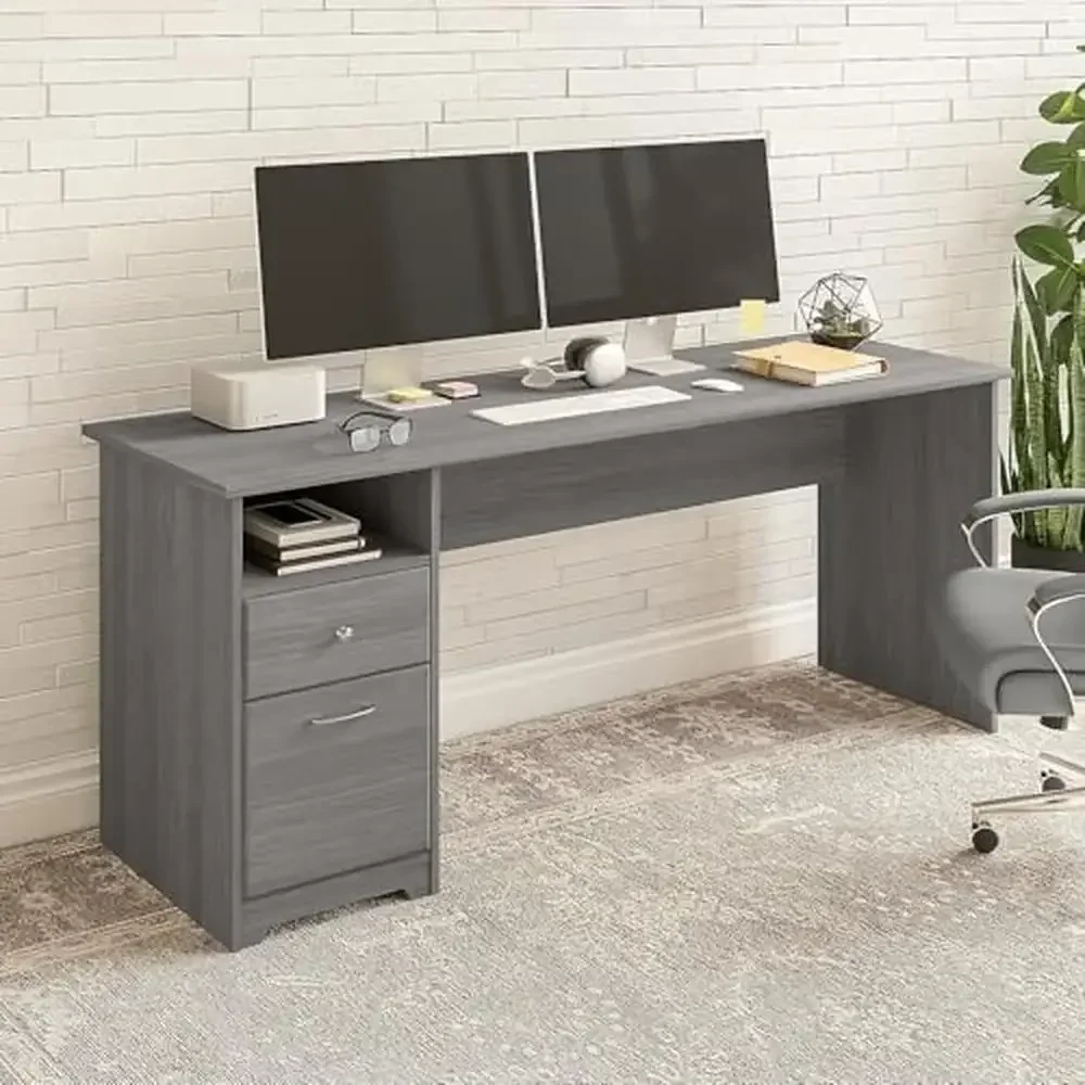 Modern Gray Computer Desk with Drawers Home Office Storage Solution Stylish and Functional Spacious Surface Multiple Monitors