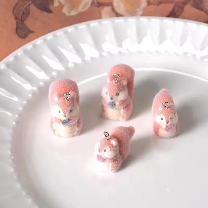 20pcs Cartoon flocking resin Charms Cute Plush squirrel pendant For make diy handiwork jewelry Keychain Accessories wholesale