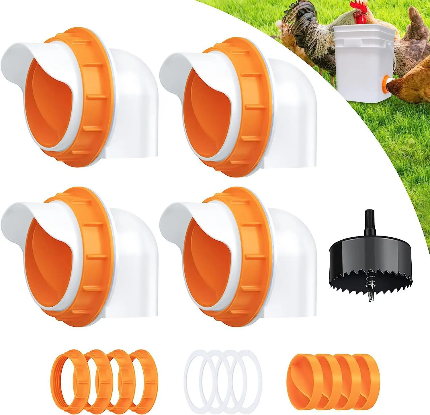 

DIY Chicken Feeders No Waste, 4 Ports Poultry Feeder with Hole Saw for Buckets Troughs Orange
