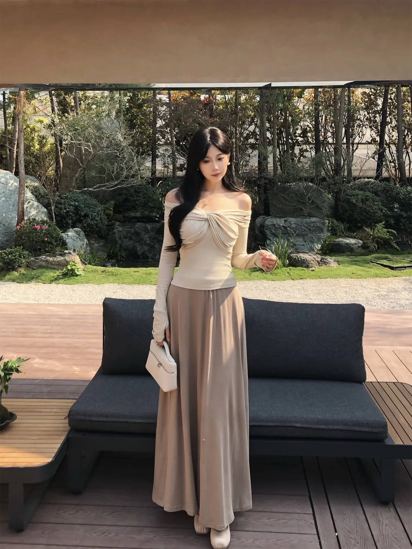 

WAYMODE Cloud Leisure Knitted Long Dr Women's Early Spring New Gentle Sle Lyocell Maxi Skirt High Waist A-Line Skirt