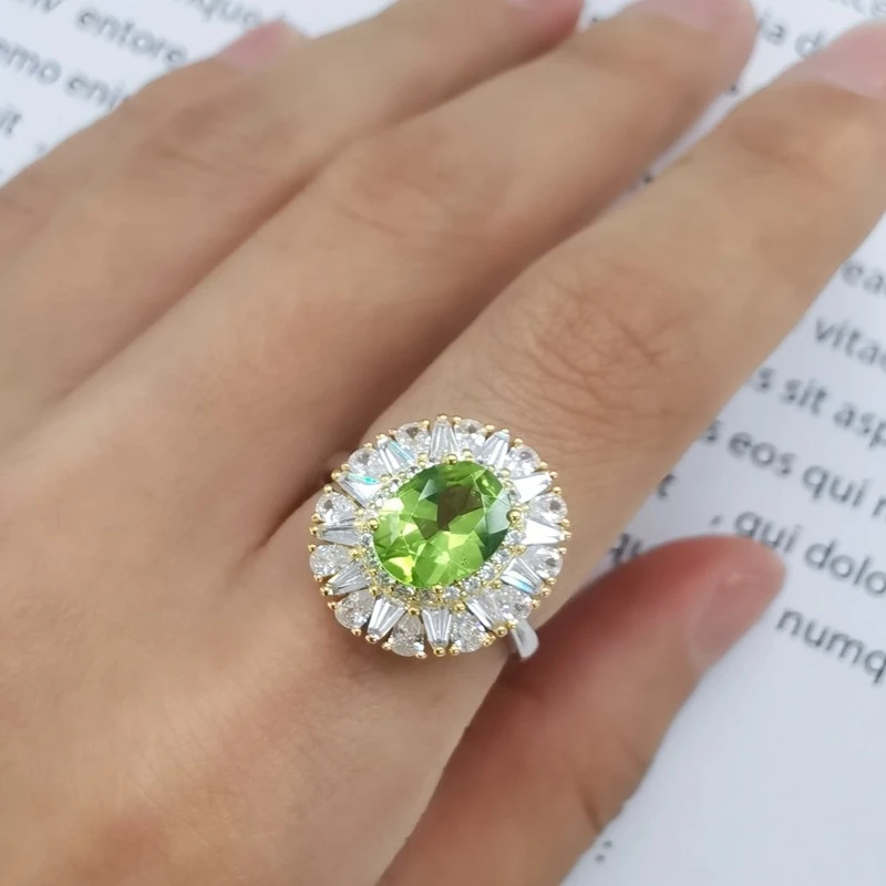 SACE GEMS Resizable Ring for Women 100%925 Sterling Silver Sparkling Luxury 7*9mm Peridot Bridal Wedding Party Fine Jewelry Gift