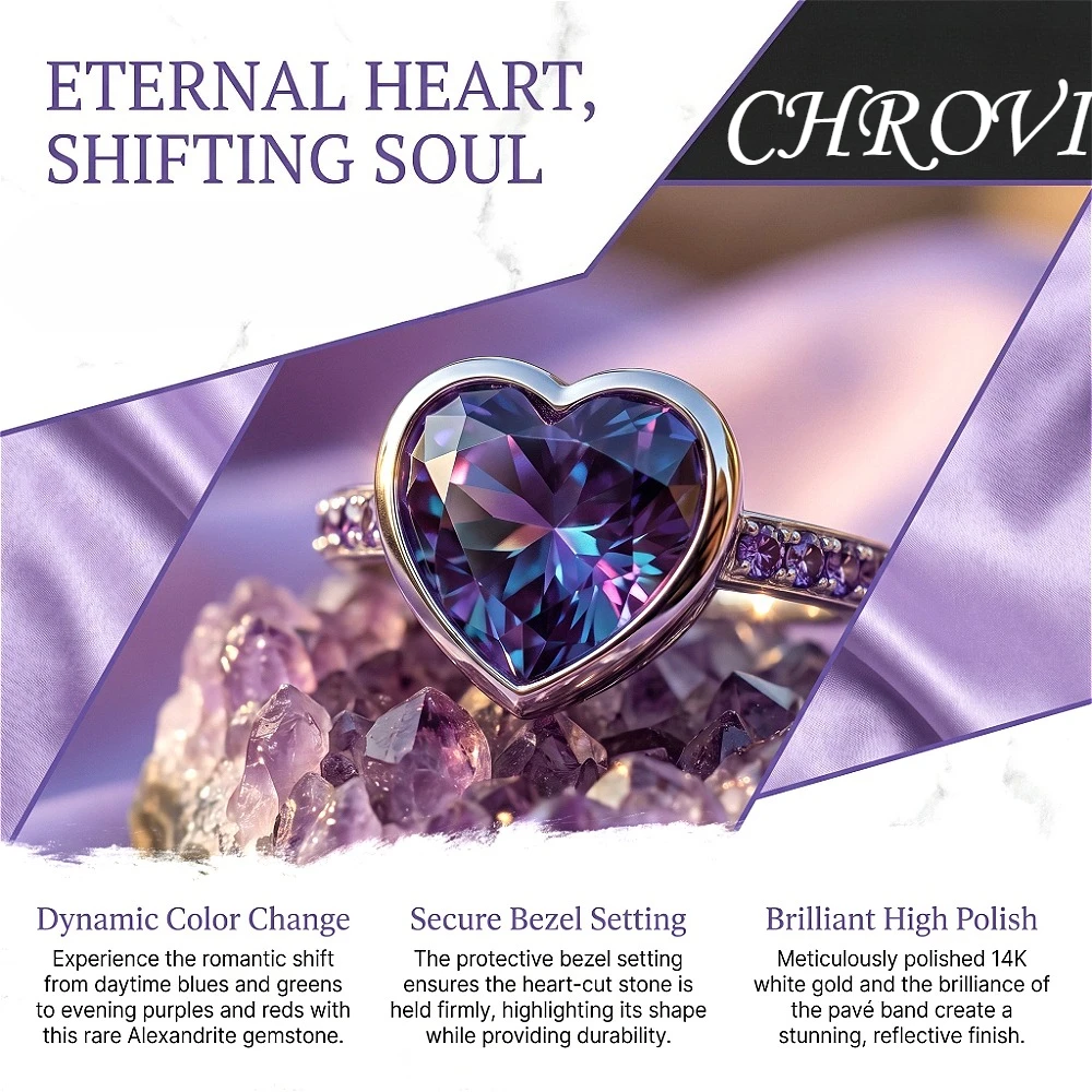 Anillo de Plata de Ley 925 de Estilo Lujoso con Amatista en Forma de Corazón y Circonita, Anillo de Compromiso para Mujer