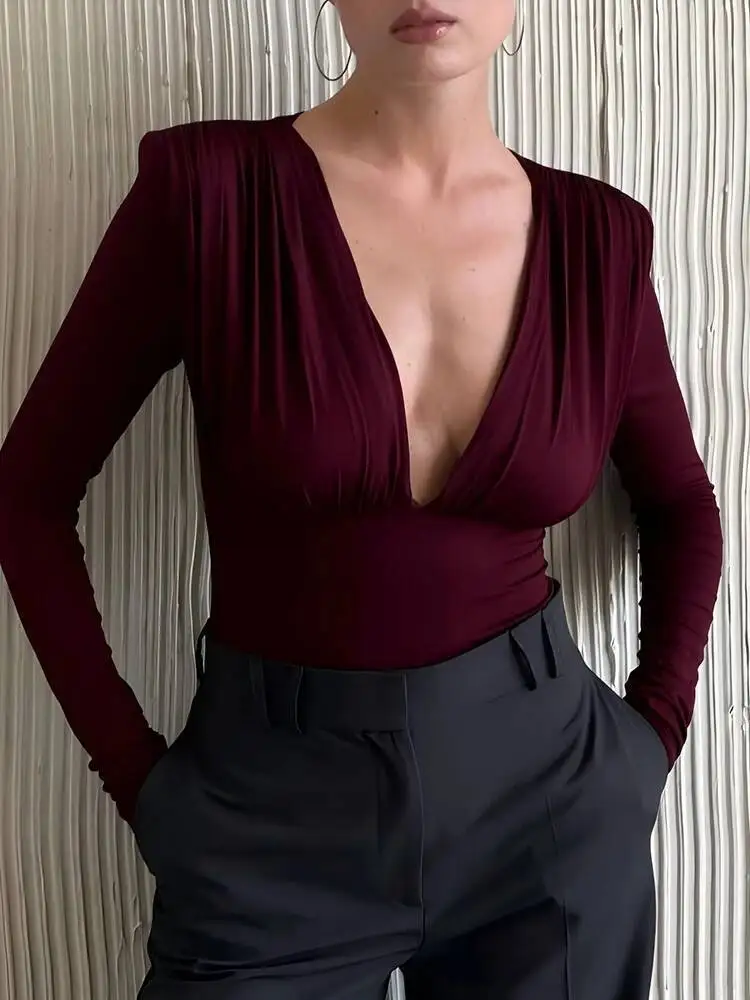 

Oniflyme Autumn New Long Sleeve Shoulder pads Women Bodysuit Black Deep V-neck High Waist Bodysuit Skinny Elegant Party Clubwear