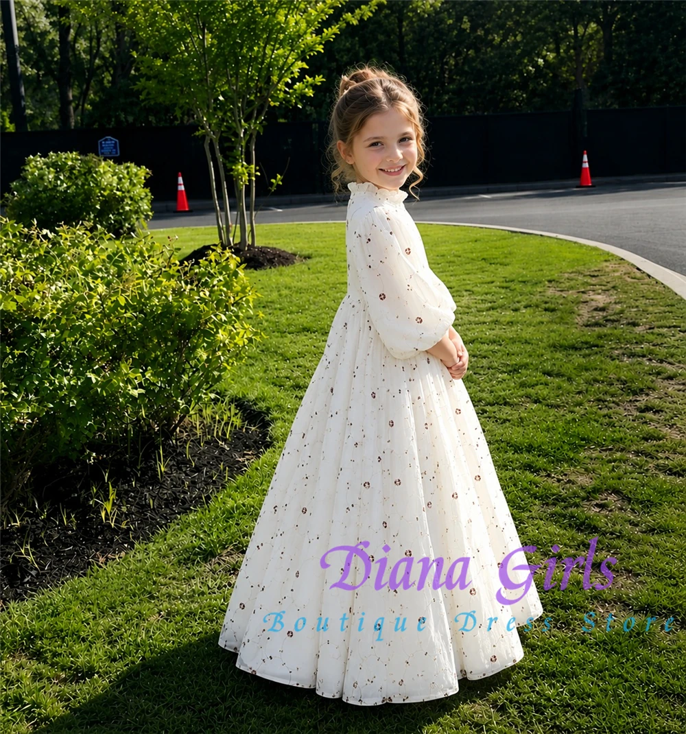 Elegant Flower Girl Dress Quality White Printed Fabric Fluffy Pleated Design for Kids Wedding Birthday Party Evening Ball Gowns