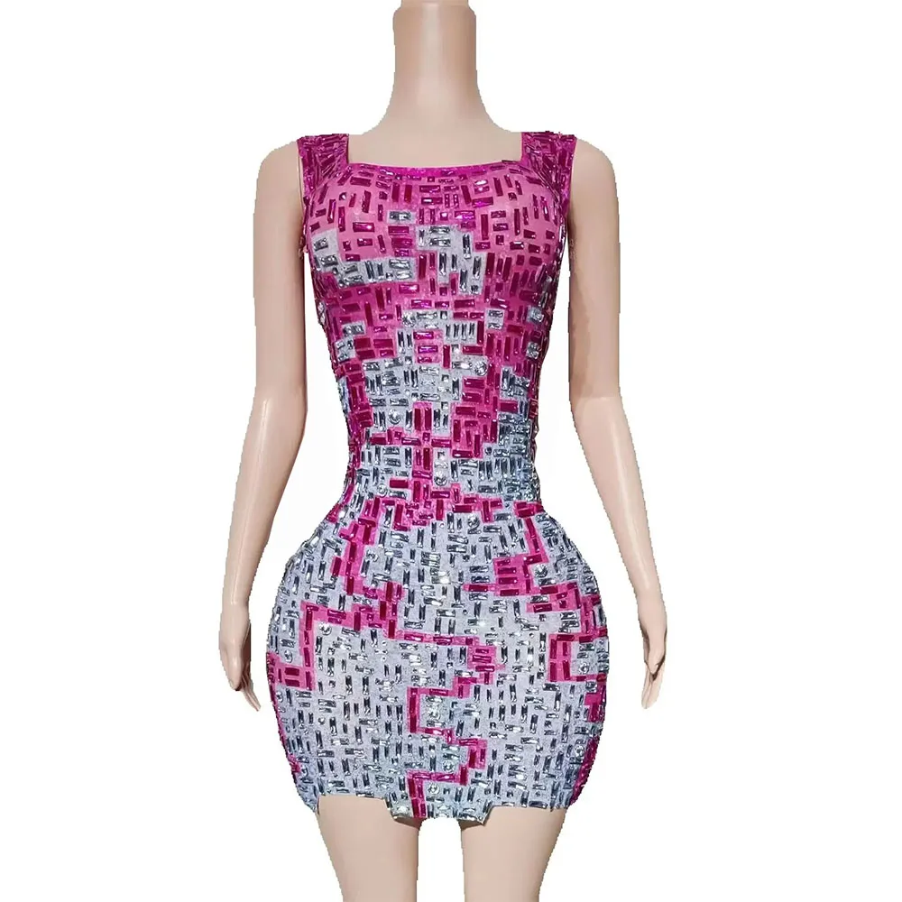 

Sparkly Rhinestones Mesh Transparent Short Dress Women Sexy Evening Celebrate Prom Birthday Party Dress Photoshoot Stage Wear