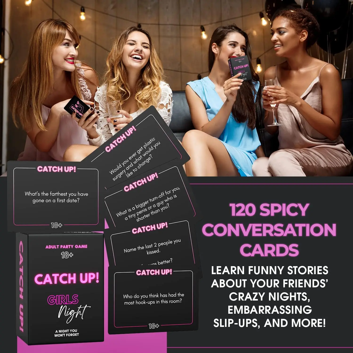 Catch Up! Girls Night 18+ Party Game - Spicy Thought Provoking Conversation Cards for Fun Girls Nights, Adult Birthday Parties