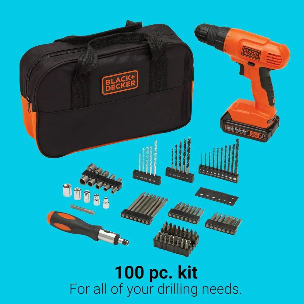 Kit de taladro conductor inalámbrico de 20 V con accesorios, batería y cargador de 100 piezas incluidos - Naranja