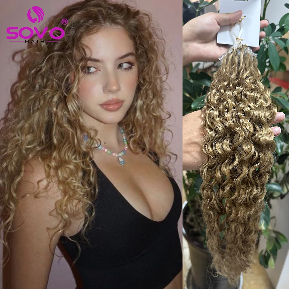 100 Strands Curly Micro Loop Human Hair Extensions Water Wave Natural Micro Beads Rings European Hair Highlight Balayage Blonde