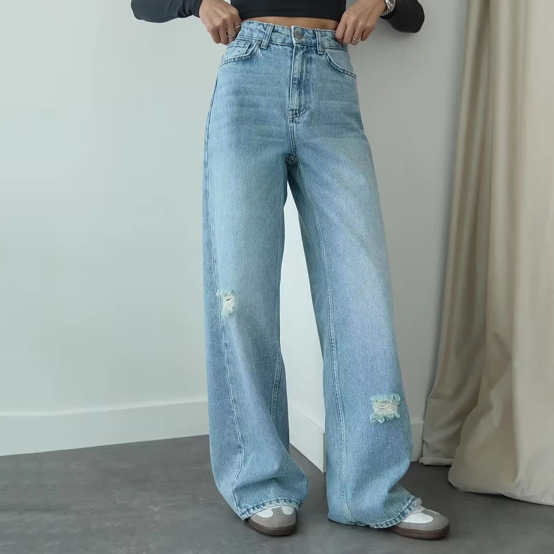 

Женские джинсы с широкими штанинами и высокой талией — длинные прямые джинсы винтажного выцветания с посадками до колена