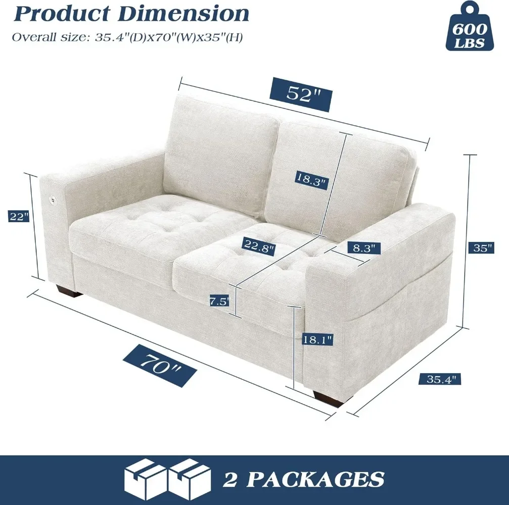 70 Inch Sofa Couch, Modern Loveseat Couch with Removable Covers and USB Ports, Large Chenille Comfy Sofa for Living Room