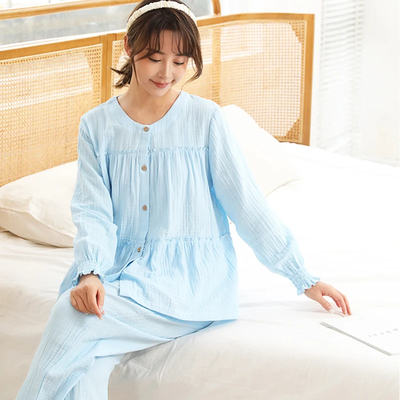 Autumn New Cotton Home Clothes Women's French Court Style Sleepwear Long Sleeve Pants Pajama Set Fashion Blue Fresh Nightwear