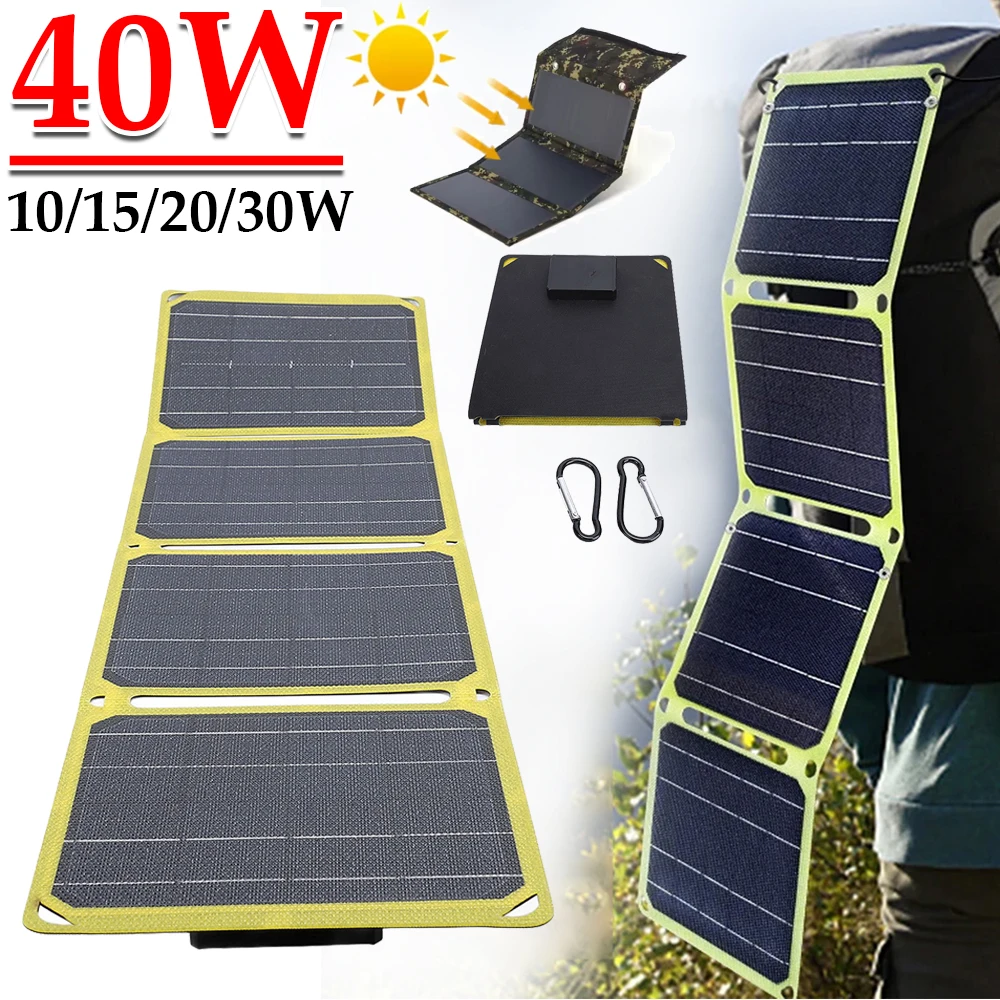 30W/40W 5V Portable Solar Panel Foldable Solar Power Bank Battery Phone Charger PD 20W QC 3.0 5V 9V 12V for USB A C Power Bank