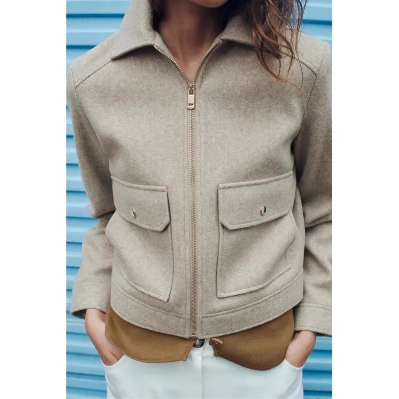 

Retro Little Bla Dr Sle Winter Jaet Women's Loose Woolen Coat with Zipper kets Long Sve ort Length Commute S...
