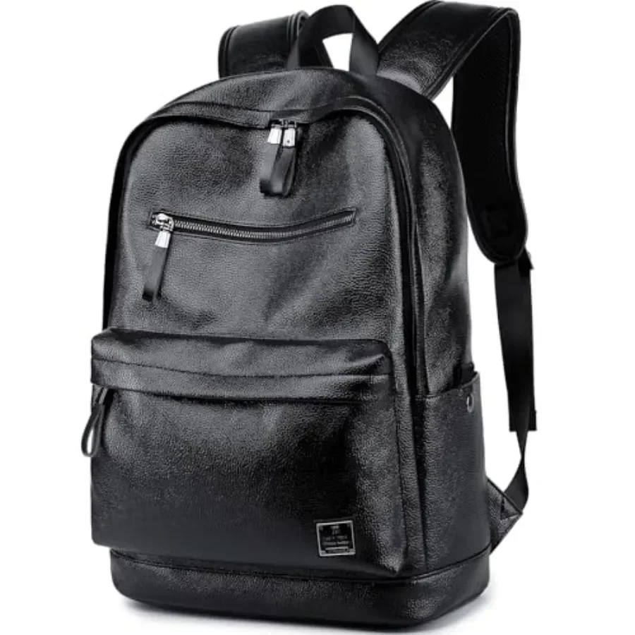 

Black Leather Laptop Backpack for Men Women Work Travel, College School Backpack Casual Daypack fits 15.6 Inch