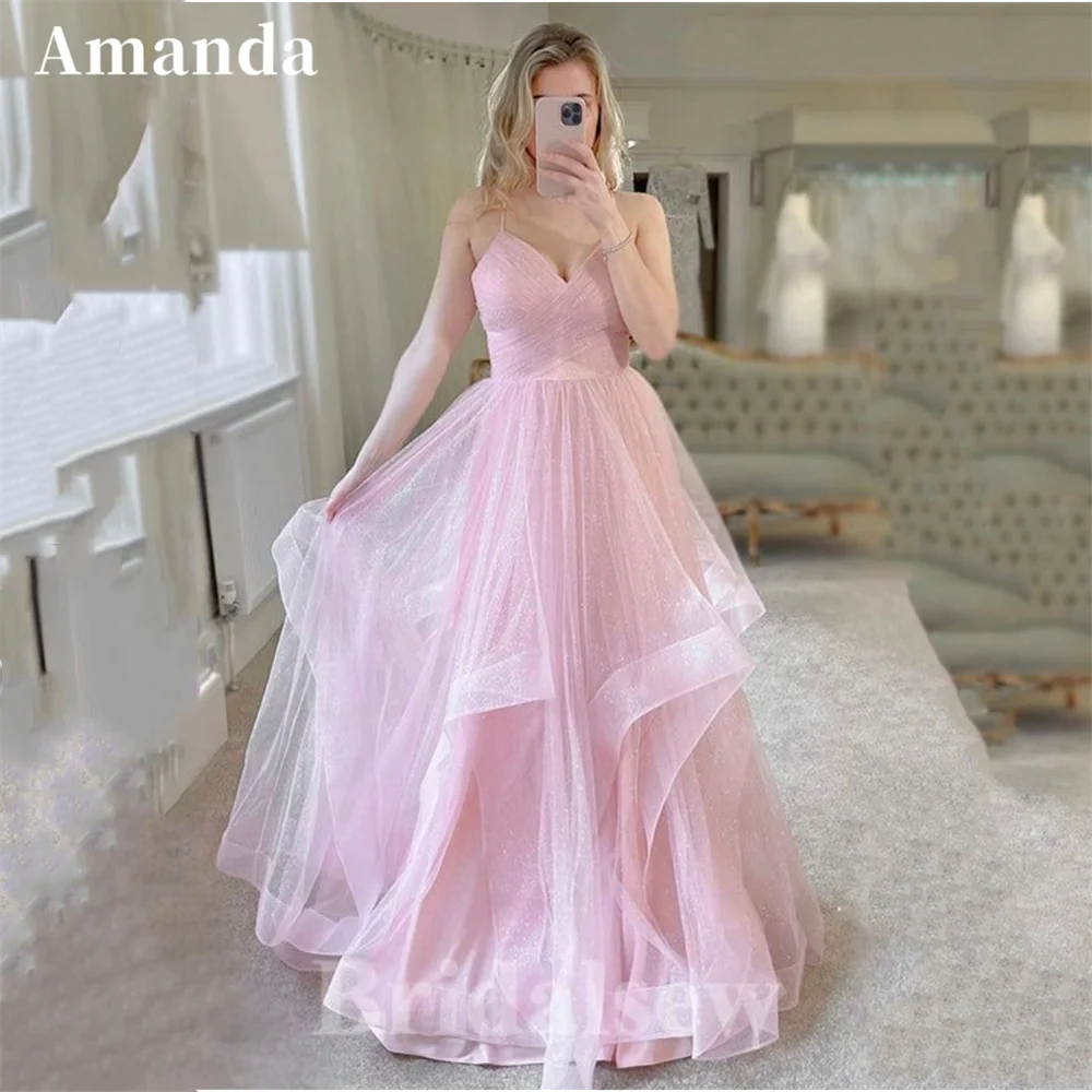 

Amanda Princess Baby Pink فساتين مناسبة رسمية Edge Curl Prom Dress 2023 Shiny Spaghetti Strap Ball Gown Vestidos De Noche