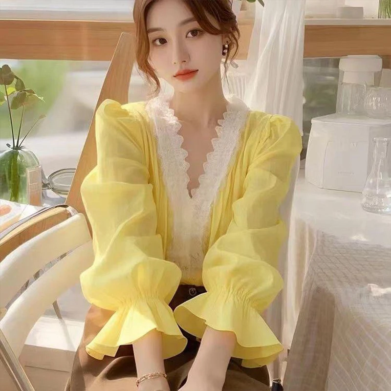 

Spring Casual Korean Fashion Loose Office Lady Simplicity Elegant Trend Sexy V-neck Long Sleeve Dignified Intellectual Generous