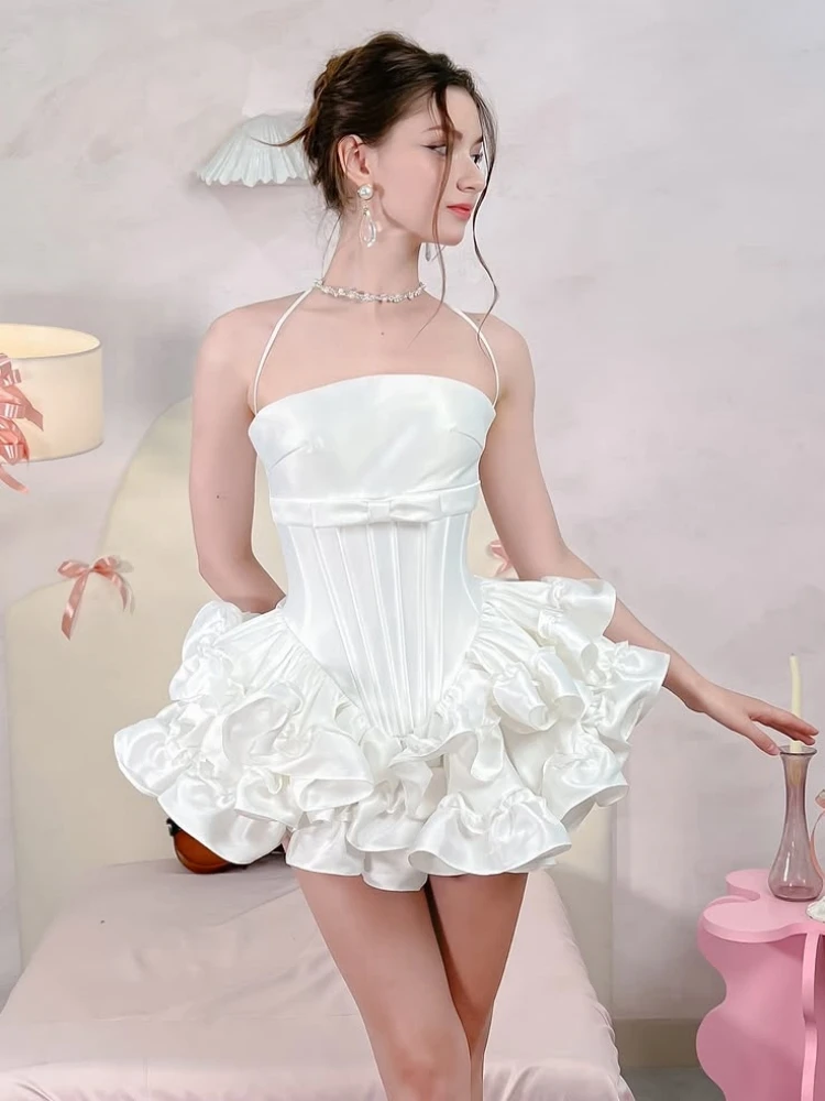 

Women Pink White Lace-up Dress Two Piece Set Sexy Sleeveless Bow Ruffles A-line Dress + Shorts Suits Evening Party Cocktail Sets