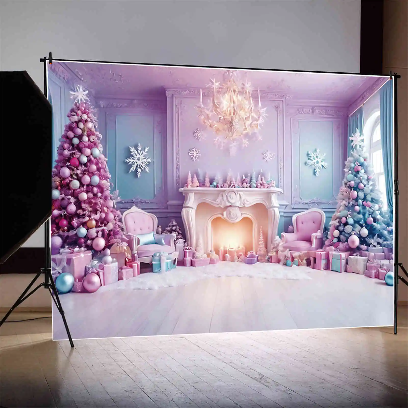 MOON.QG Fairy Christmas Christmas Tree Backdrop Fireplace Western Purple Blue Pine Tree Background Party Photocall Supplies