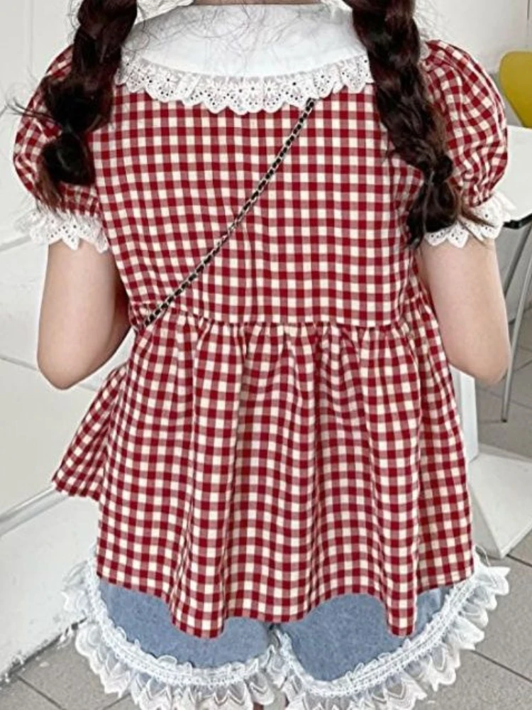 KOSAHIKI Red Plaid Blouse Women Kawaii Peter Pan Collar Lace Ruffle Shirt Japanese Girl Cute Puff Sleeve Vintage Tops Blusas