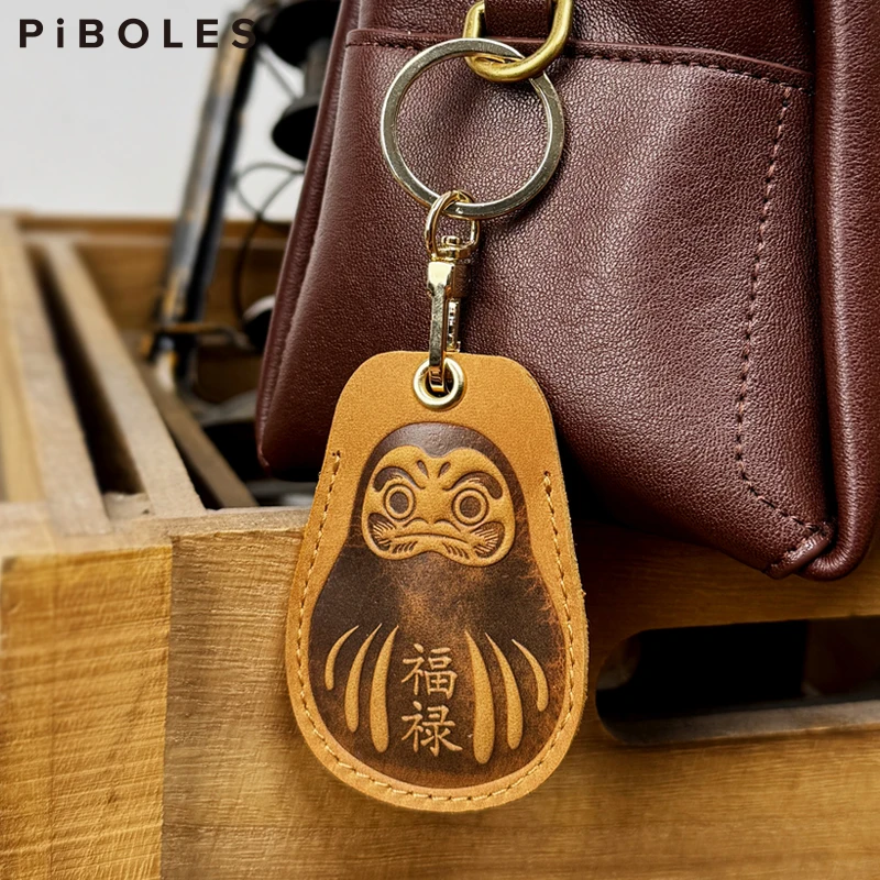 Ukiyo-e Key Chain Genuine Leather Cowhide Keychain Pendant Doorlock Access Control Tags Keyfob Tag ID Card Case Key Tag Ring