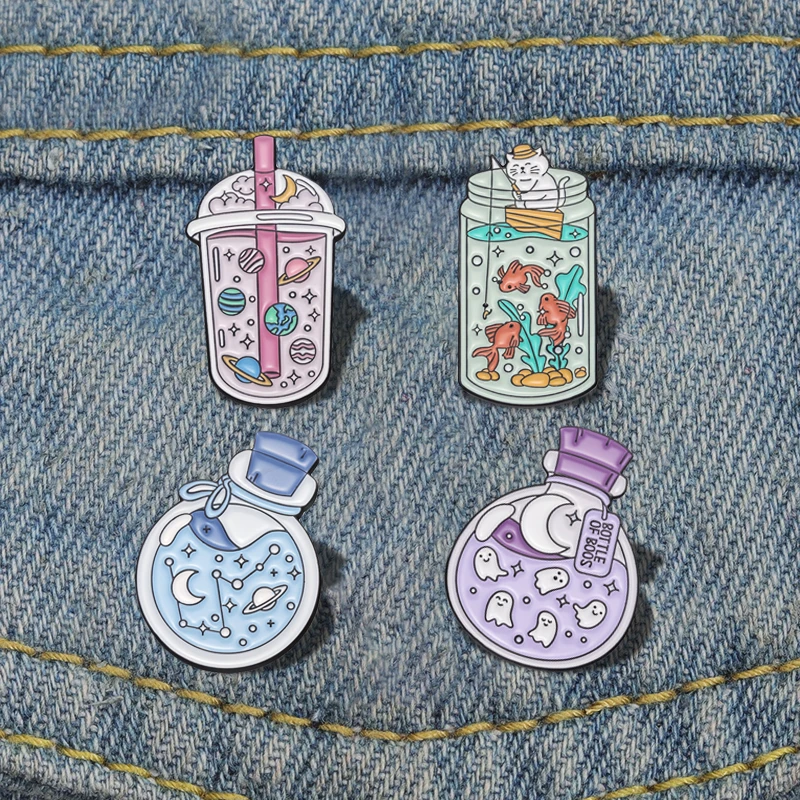 Planet Milk Tea Wishing Bottle Pines Lapel Badges Jewelry Gift for Friends Kitten Cat Fishing Enamel  Brooch Custom Cosmic