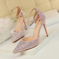 BIGTREE Shoes Shiny Rhinestones High Heels Ladies Shoes Women Pumps Stiletto Sweet Women Heels Wedding Shoes Women Sandals 10 Cm