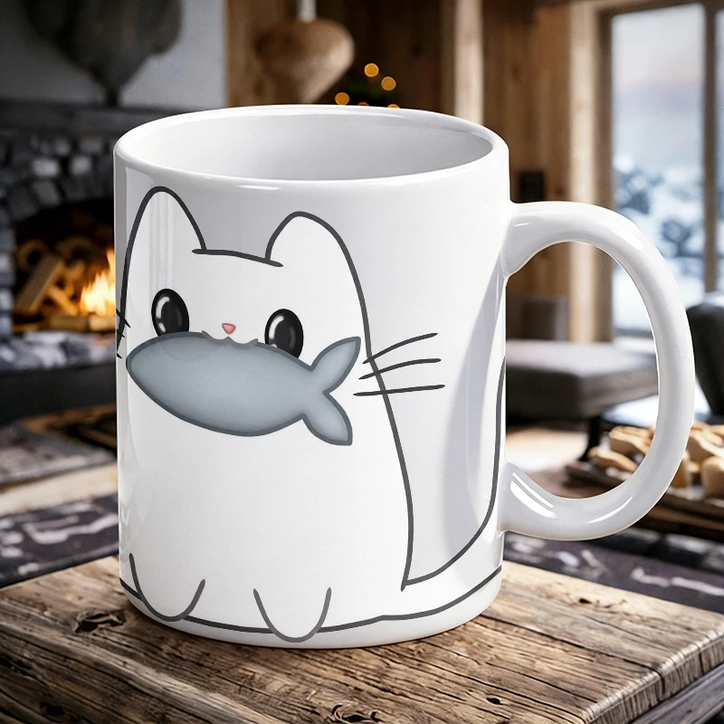 

Minimalist Line Cat Eating Fish Ceramic Cup, Coffee Cup, Milk Cup, Office Tea Cup, Drinking Cup, Fade-Resistant,Gift for Friends