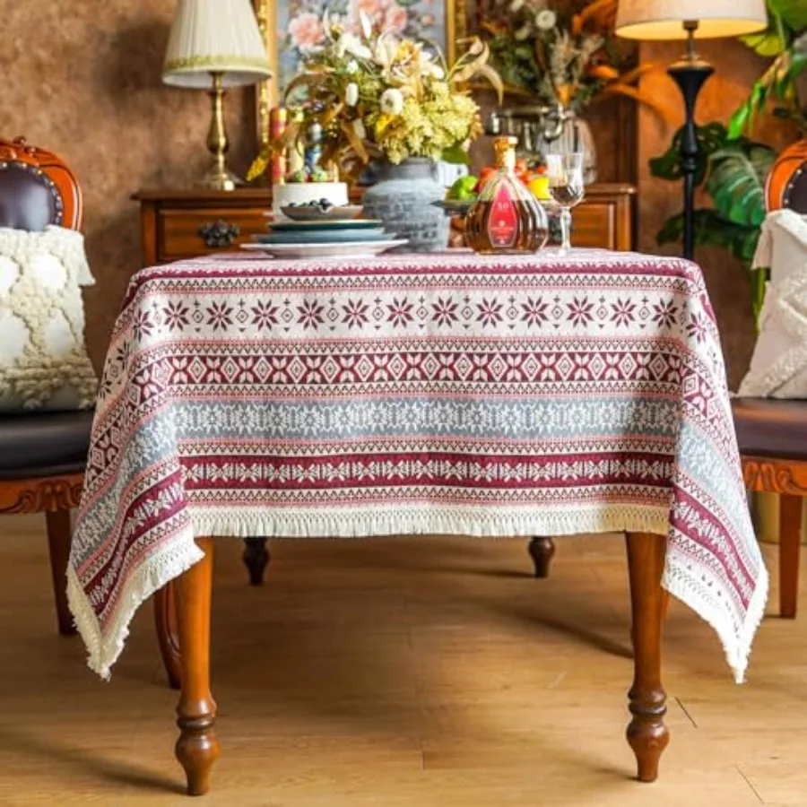 

Boho Tablecloth Cotton Linen Fabric with Tassel Table Covers Wrinkle Free Bohemian Washable Tablecloths for Home Decor Holiday