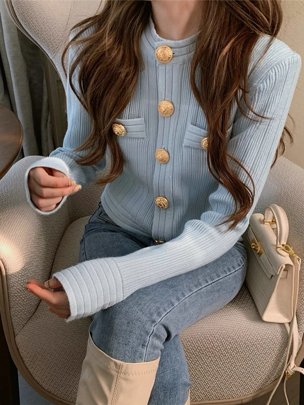Korean Style Short Knitted Open Cardigan Women's Early Autumn Pit Stripe Gold Button Slimming Sweater Jacket Trendy