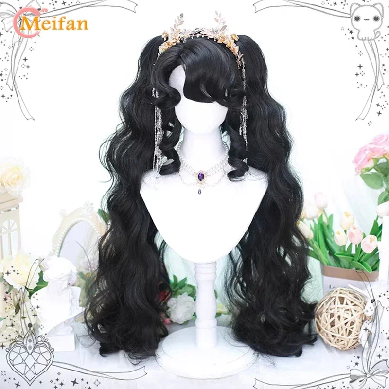 MEIFAN Synthetic Long Wavy Curly Ponytail Lolita wig with Bangs Girl Cute Ombre Blonde Cosplay Party Halloween Harajuku