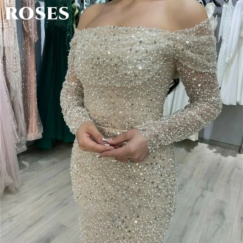 ROSES Ivory Off Shoulder Prom Dress Sequin Shiny Gorgeous Party Dresses Sheath Long Sleeves Popular Mermaid Wedding Dress 프롬 드레스