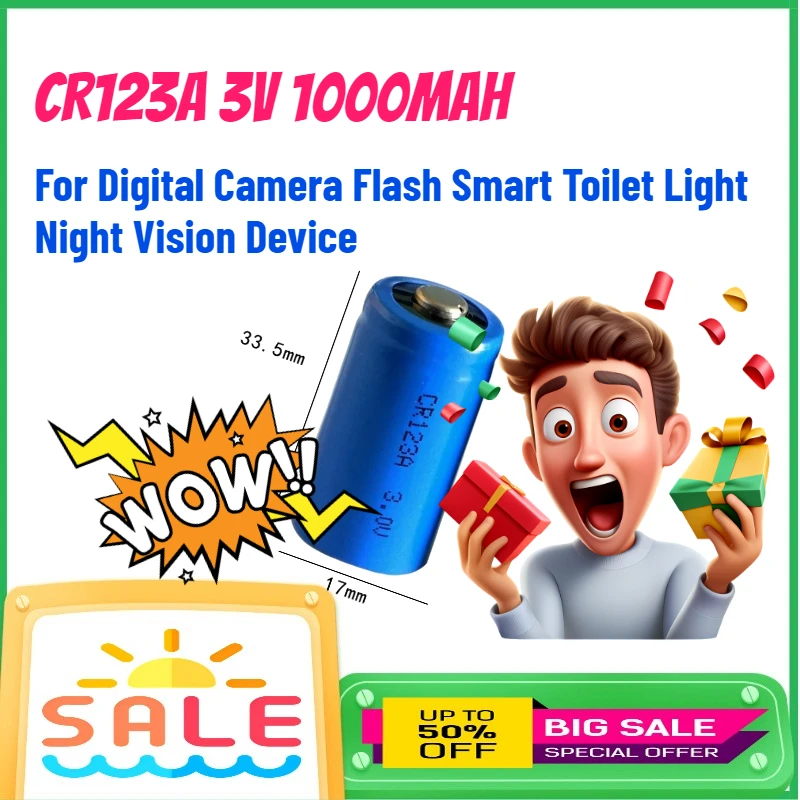 

Литиевые батарейки CR123A, 10 шт., 3В, 1000мАч для цифровых камер, вспышек, умных унитазов, ночников, устройств ночного видения