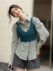 MISHOW Plaid Shirt for Women Knitted Vest Crop Tops Spring New Button Up Long Sleeve Vintage Blouse Female Separately MXB12Z0296