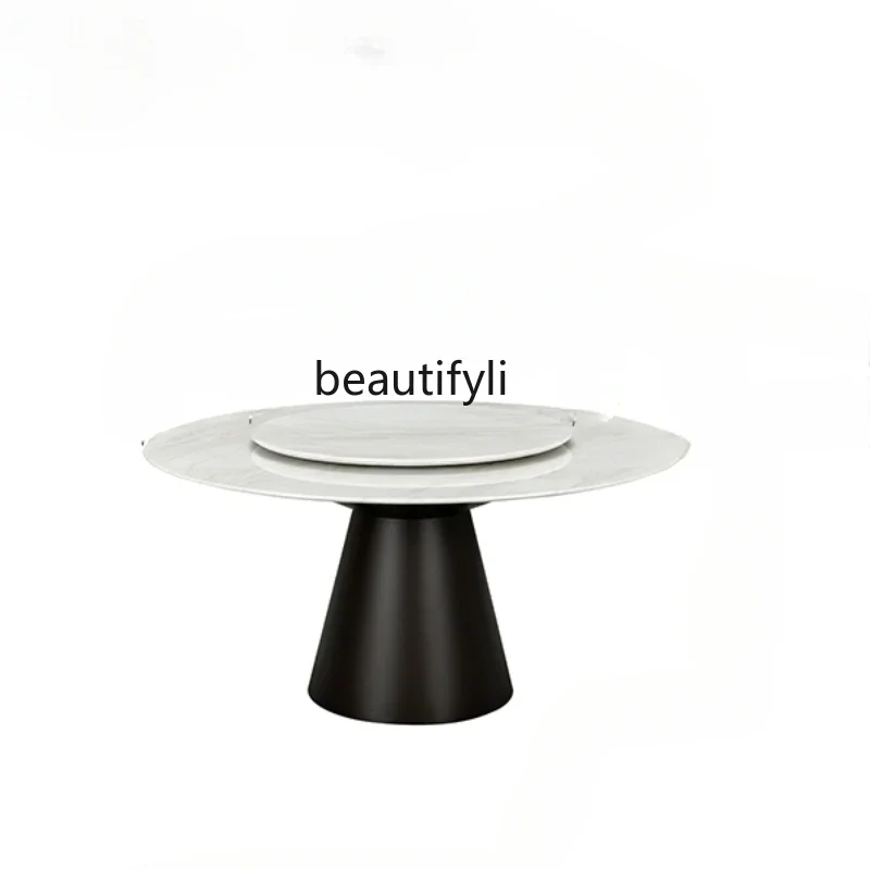 

Natural marble round table light luxury dining table high-end villa Italian minimalist dining table with turntable