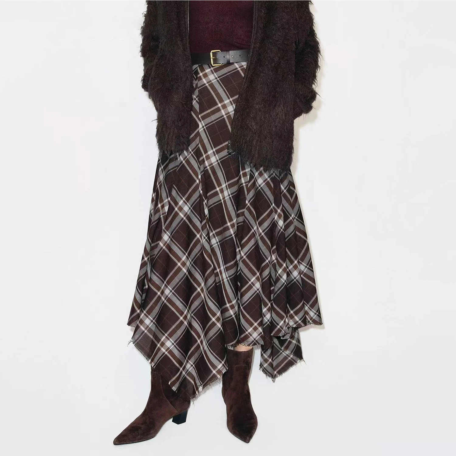 

High Waist Asymmetric Plaid Long Skirt Women's Autumn Winter Faion Ci Commute Vintage Sle ey Brown f Body Skirt