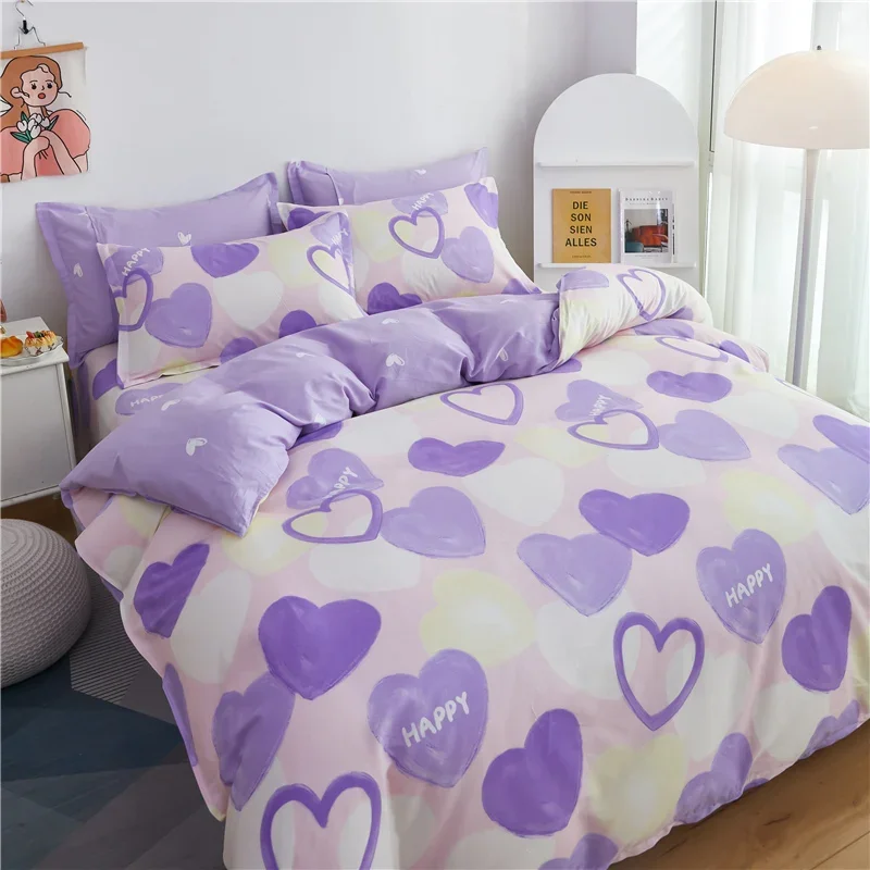 Purple Love Cotton Duvet Cover Heart Shaped Bedding Sets,Reversible Comforter Covers for Women Men Girls Teens Kawaii Room Decor