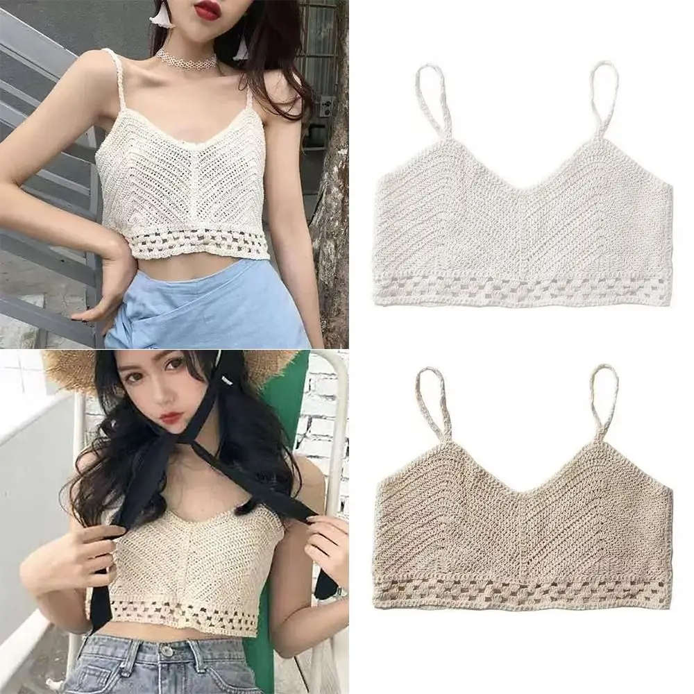 Exquisite V-Neck Crop Tops Hollow Sleeveless Bikini Tanks Crochet Knitted Camisoles