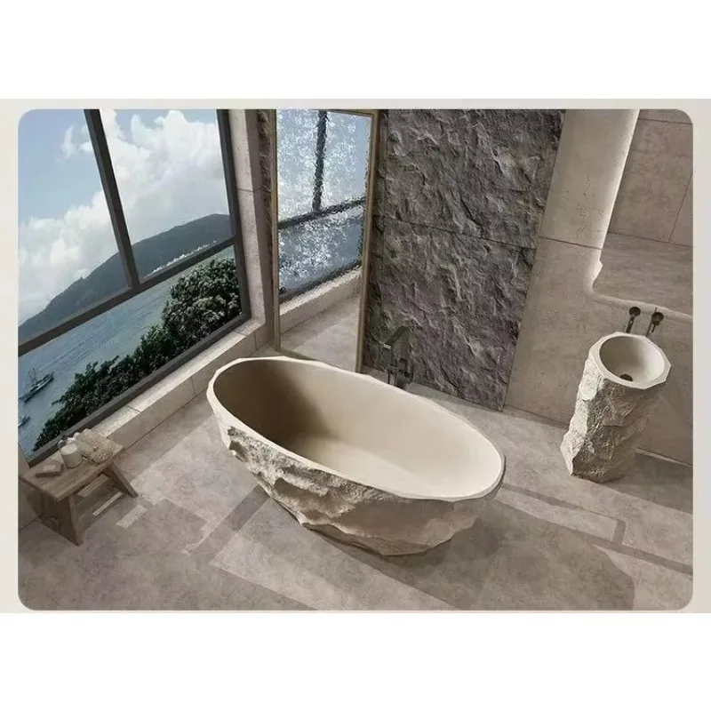 Modern Freestanding Artificial Stone Oval Bathtub With Non-Slip Bottom Surface For Bathroom In Small Apartments