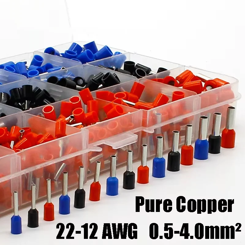 1065PCS 3 colors 22-12AWG tube type boxed cold pressed terminals E0508 E1008 E1508 E2508 E4009