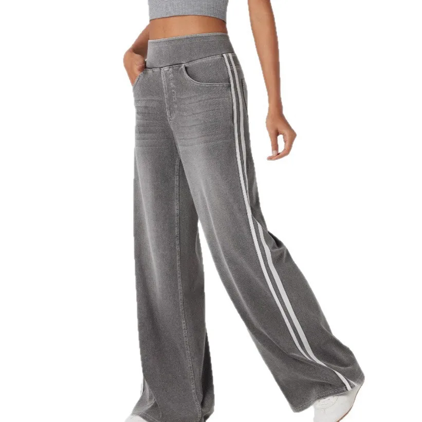 

Women's Pants 2025 Vintage Washed Blue Side Striped Jeans with High Street Design Sense Loose and Versatile Wide Leg Floor Pants