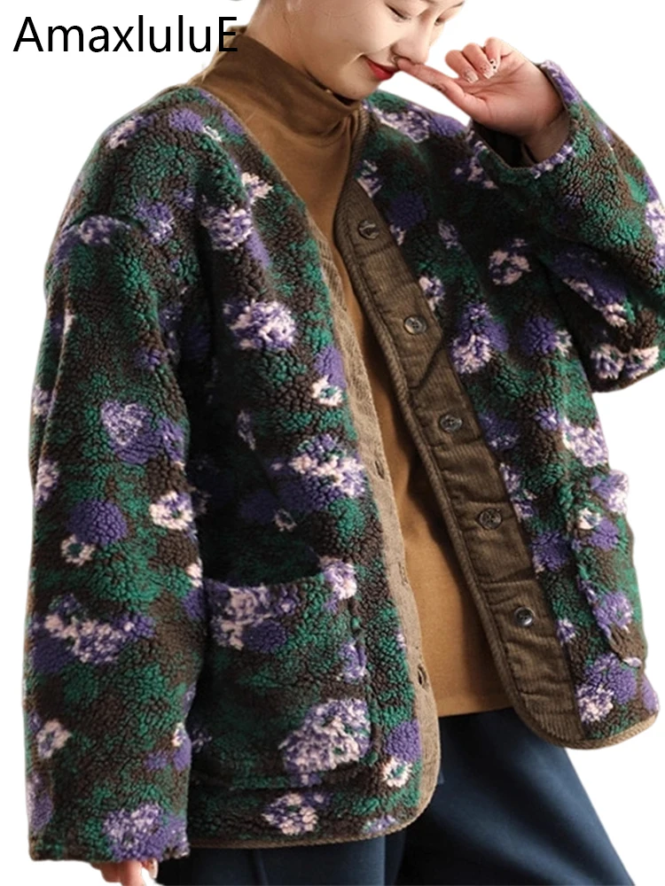 

Amax LuluE Korean Winter Fashion Womens Warm Loose Floral Fur Padded Jackets Ladies Vintage Casual Thicken Coats Classic Parkas