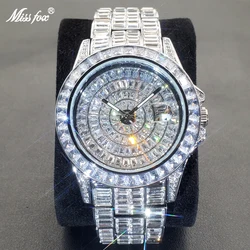 Full Iced Out Watches For Men Luxury Handmade Mosaic Diamond Silver Steel Watch Fashion Hip Hop Silver Automatic Date Male Clock